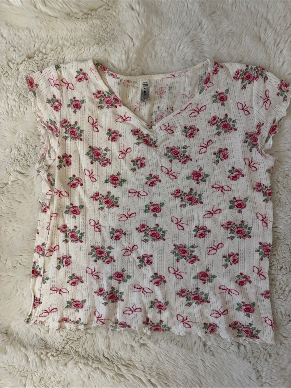 Floral V-Neck Short Sleeve Cute Pajama Top - White with Pink Rose Print